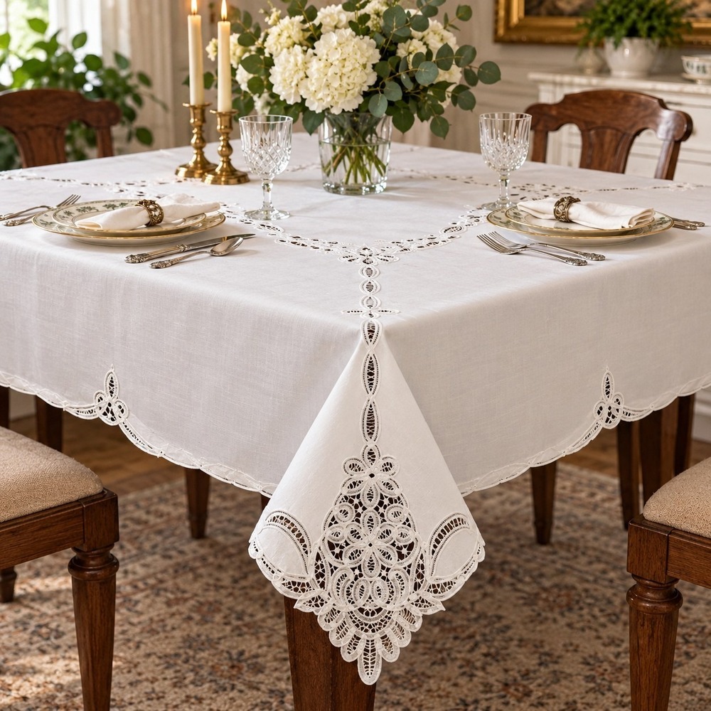 Vintage White Tablecloth Embroidery & Battenburg Lace 66 x 104 Oblong New!